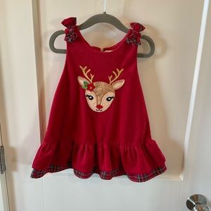 Rare Editions Festive Red Reindeer Dress with Plaid Bow